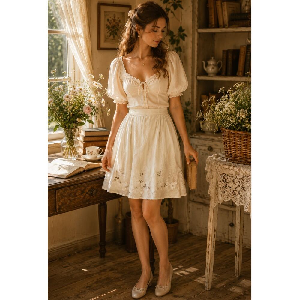 Outfit JPR Cream Floral Embroidered Midi Skirt Ethereal Cottagecore Whimsy 6